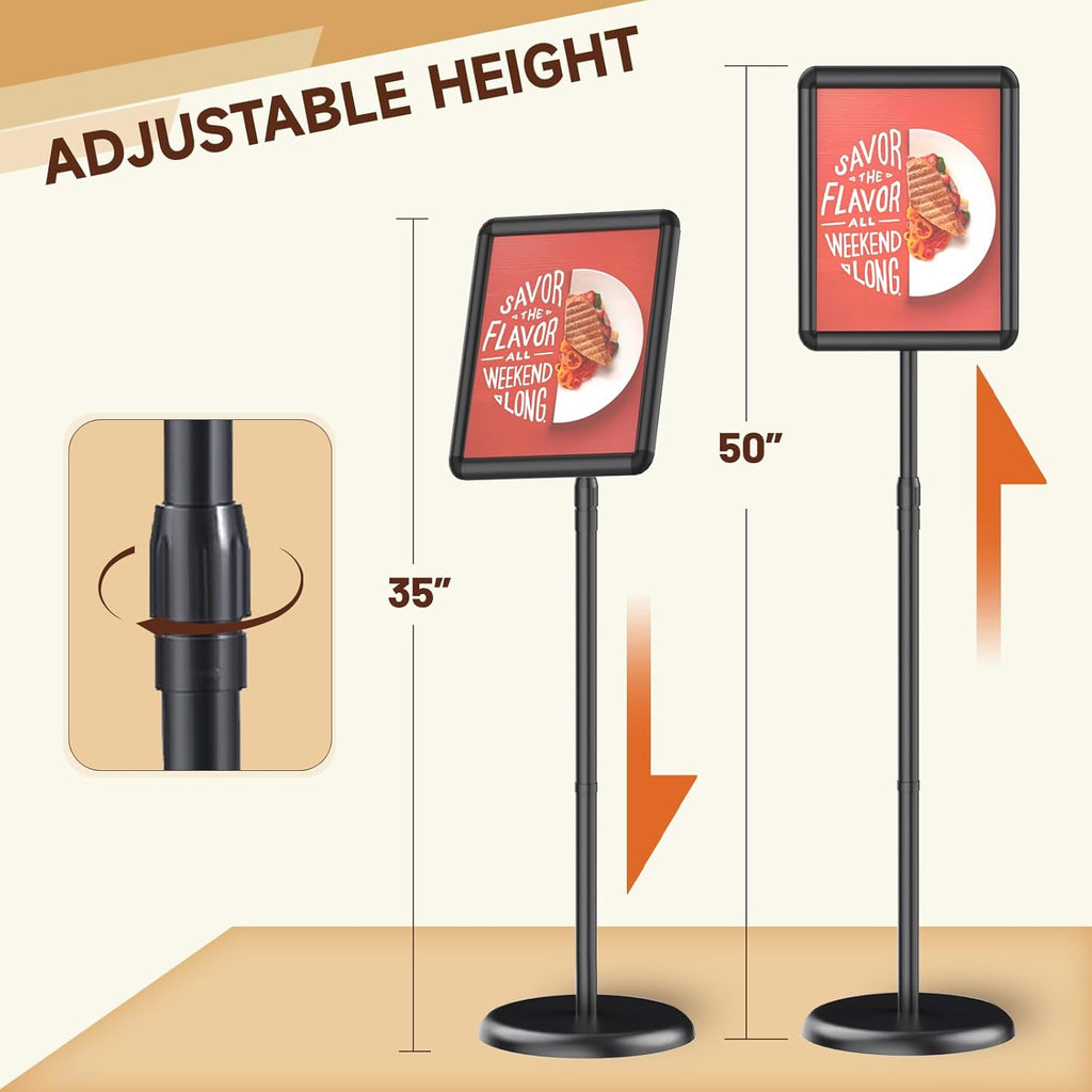Adjustable Pedestal Floor Stand Sign Holder for 8.5*11 inches Poster or chalk board, Snap open frame,360°