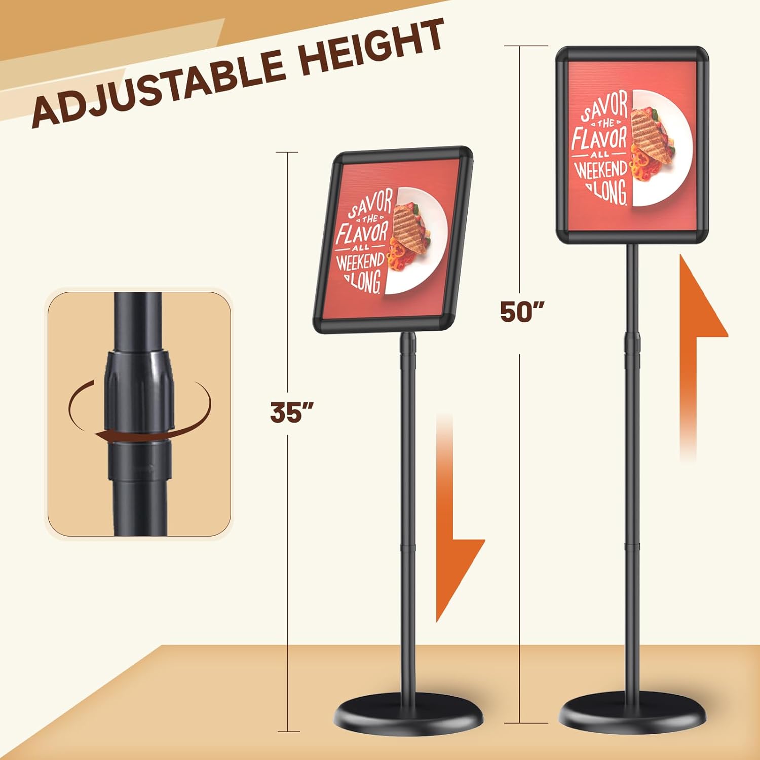 Adjustable Pedestal Floor Stand Sign Holder for 8.5*11 inches Poster or chalk board, Snap open frame,360°