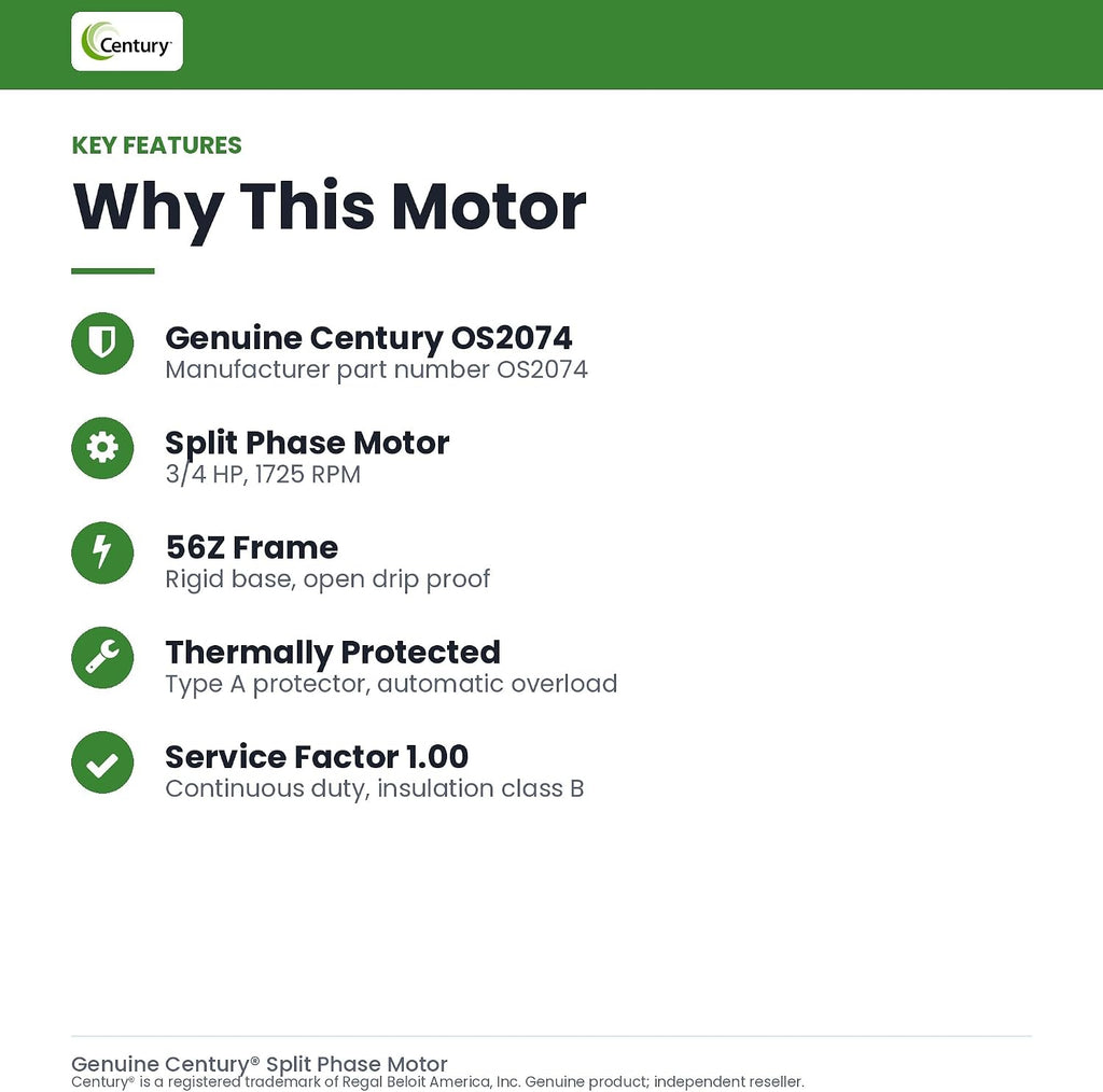 3/4 hp 1725 RPM 56Z Frame 115V Split Phase Rigid Base Motor Century # OS2074