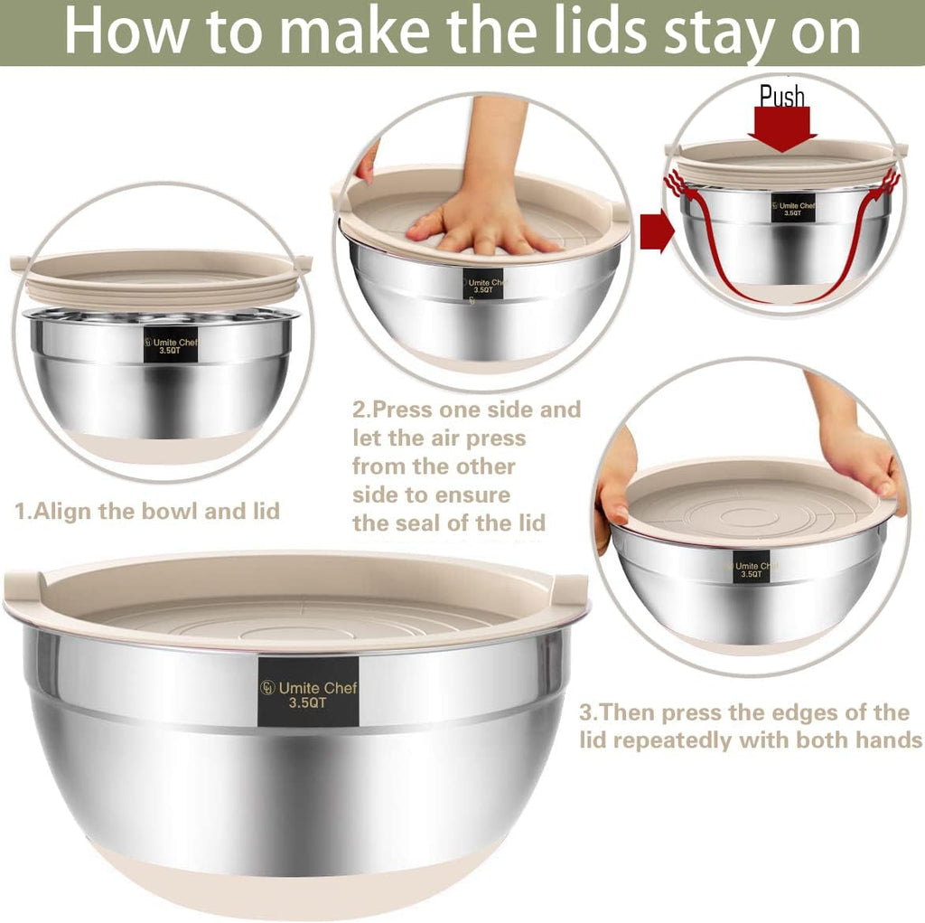Mixing Bowls with Airtight Lids, 6 piece Stainless Steel Metal Nesting Storage Bowls, Non-Slip Bottoms Size 7, 3.5