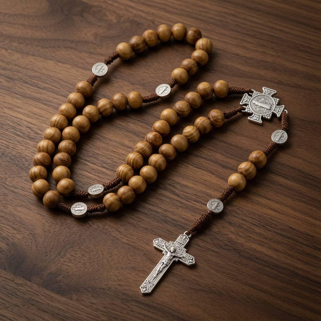 Nazareth Store Sacred St Benedict Wood Beads Rosary Solid Wooden Prayer Chaplet with Cross Saint Medal & Silver Jesus