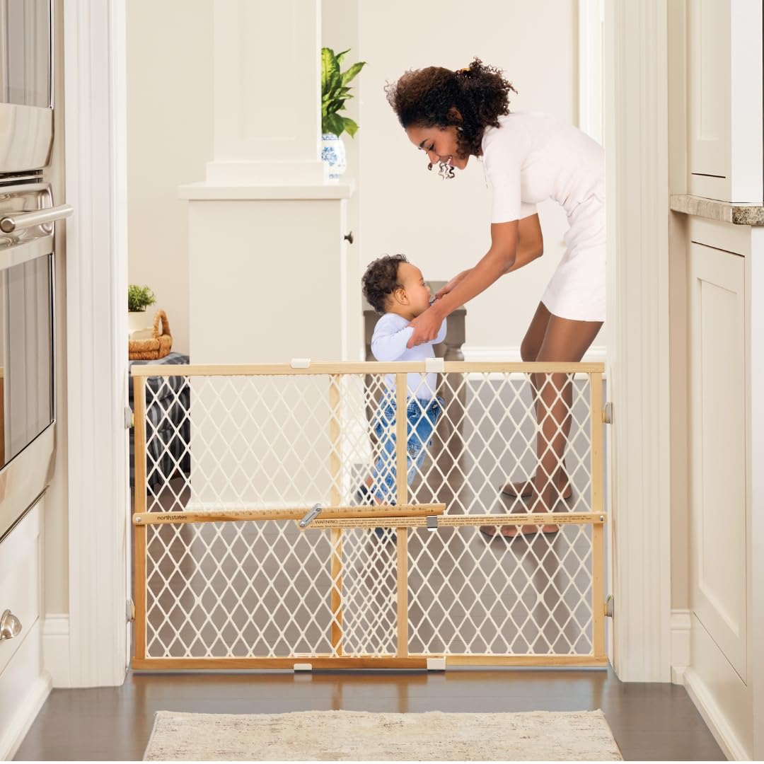 Diamond Mesh Wooden Baby Gate: Pressure Mounted Baby Gate for Doorways - Adjustable 26.5 to 42 Inches Wide - 23