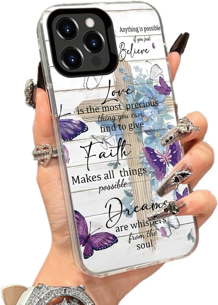 Cute Butterfly Flower Cross Wood Grain Case for iPhone 13 Pro Max | Creative Designs for Women Girls Shockproof