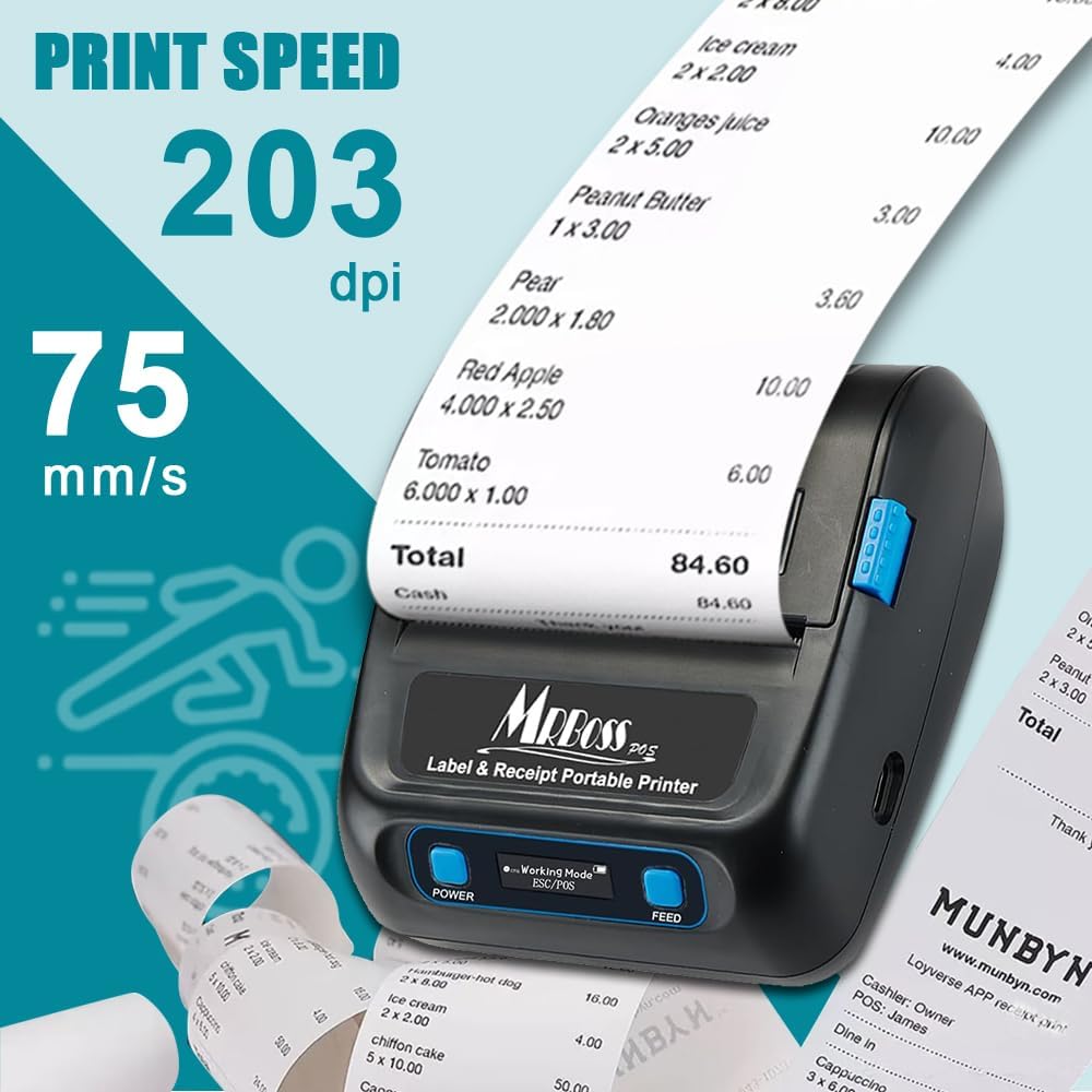 MRBOSS 80mm Portable Bluetooth Receipt Printer - Easy-to-Connect Thermal Receipt Printer with USB and Bluetooth for