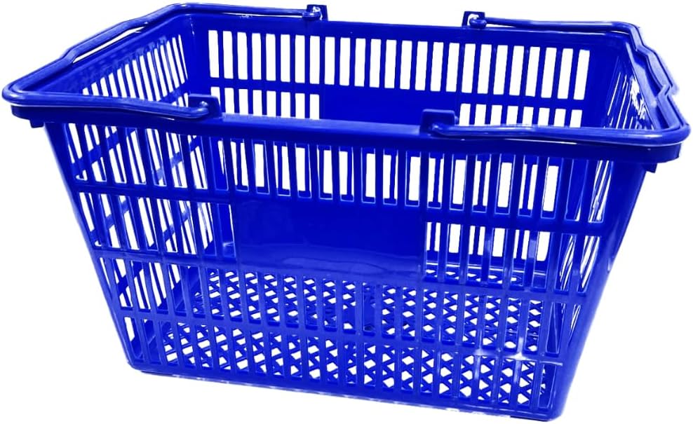 Stackable Plastic Shopping Baskets, Red and Blue, Easy-Grip Handles for Grocery, Retail, Liquor Stores, Home Use