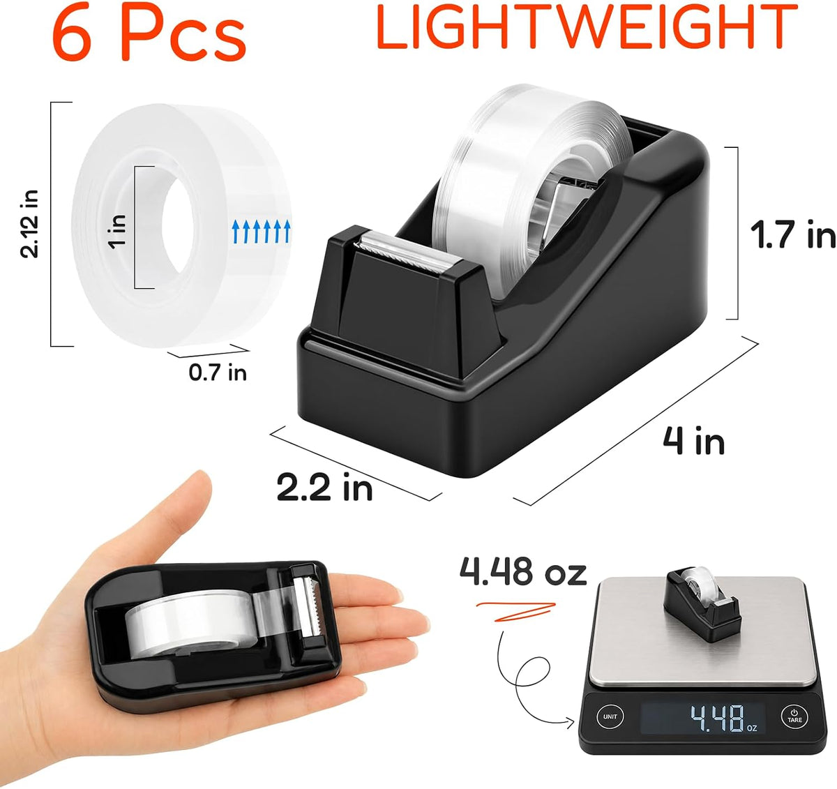 Lightweight Desktop Tape Dispenser, 6 Rolls Tape, 1-Inch Core