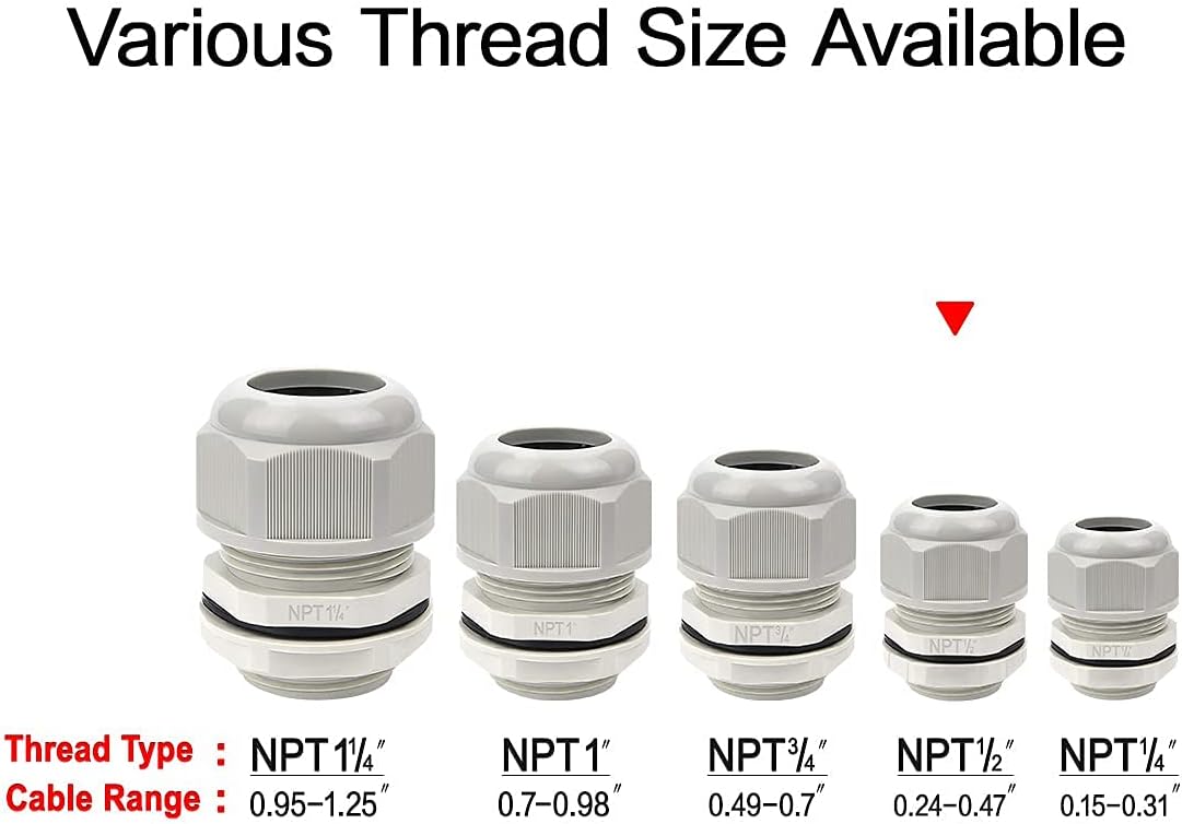 5 Pack NPT 1/2" Cable Glands Waterproof Adjustable 6-12mm Cable Connectors Grey Nylon Joints with Gaskets