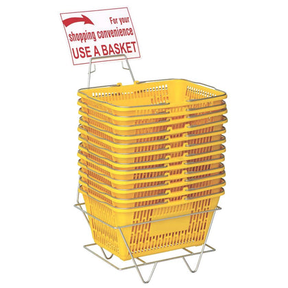 Plastic Shopping Baskets - Durable Yellow Plastic Set of Shopping Baskets with Stand and Sign - Set of 12 Plastic