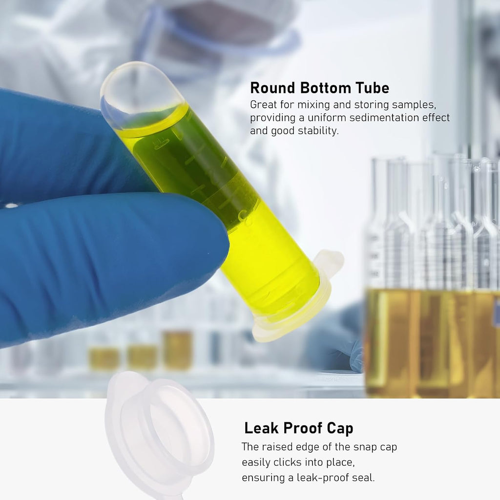 5mL Round Bottom Centrifuge Tubes with Rack, 100pcs | Plastic, Leak Proof, Clear, Graduated Marks and Writing Area