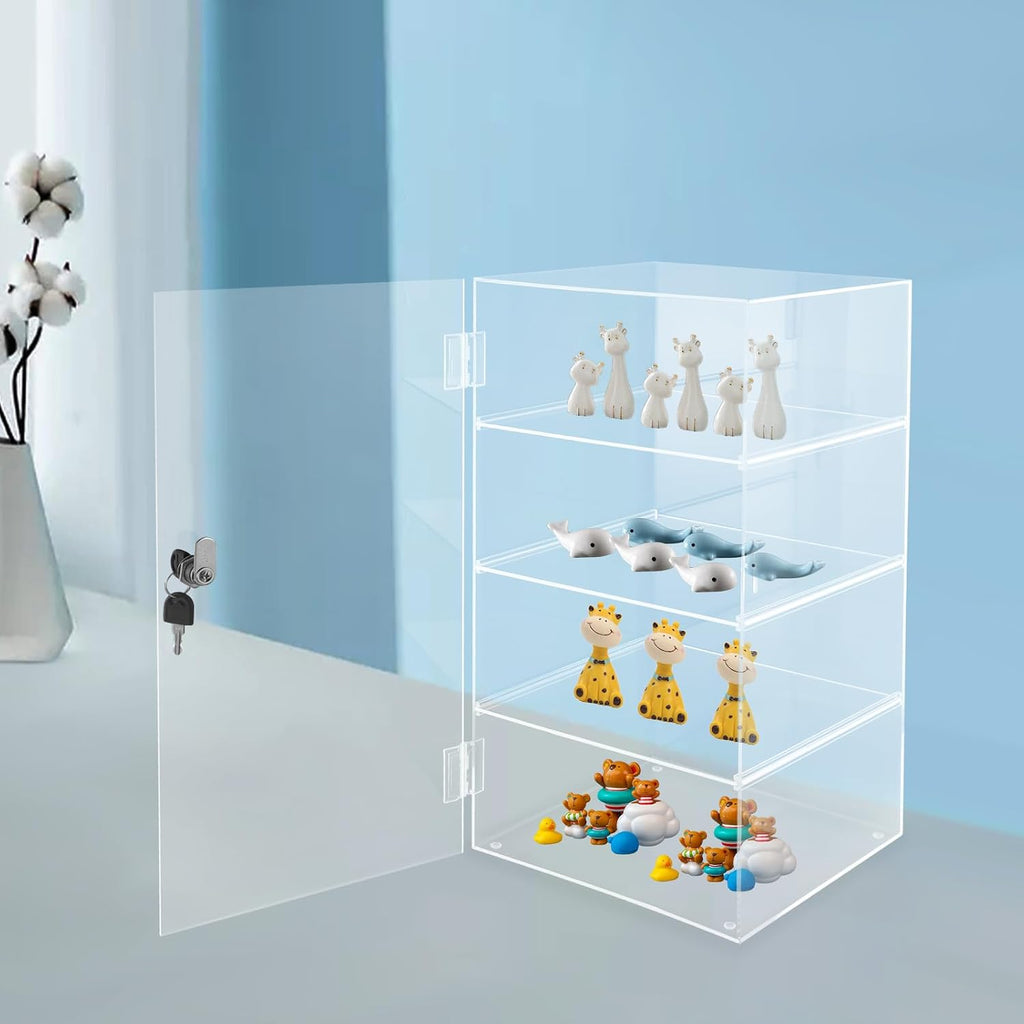 4 Shelf Acrylic Display Case with Lock, Clear Locking Countertop Showcase | Clear Acrylic Countertop Display Case for