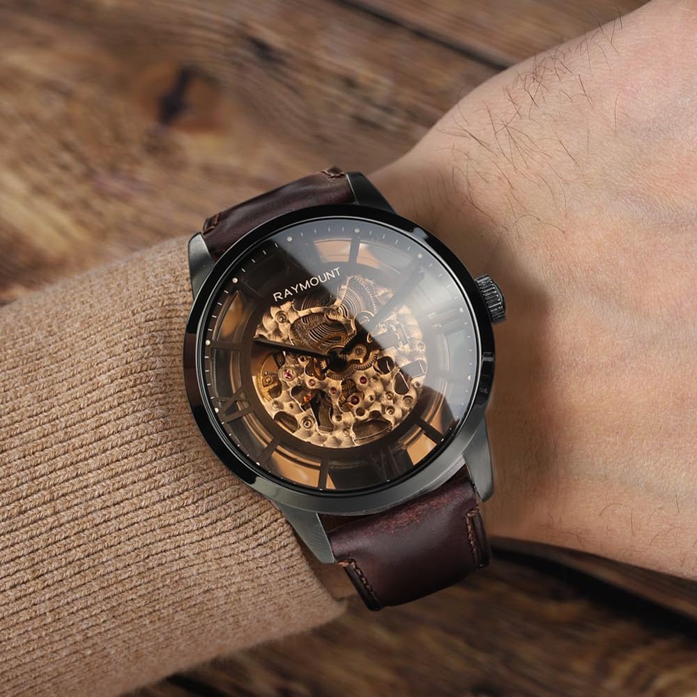 Men's Automatic Watch with Mechanical Movement, Skeleton Dial and Leather Band