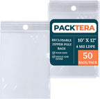 10" X 12" Reclosable Zipper Plastic Poly Bags With Hang Hole 4 Mil LDPE (Pack of 50) Clear Sealable With Resealable