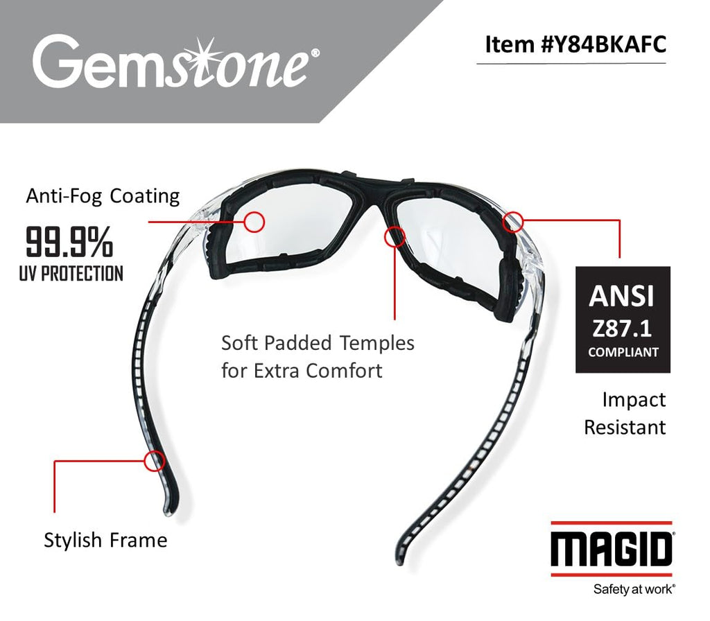 Gemstone Onyx Foam Lined Safety Glasses, ANSI Z87.1, Removable Foam Seal Blocks Dust & Debris, Anti-Fog UV