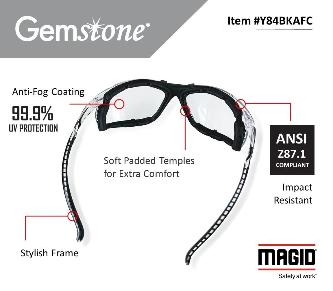 Gemstone Onyx Foam Lined Safety Glasses, ANSI Z87.1, Removable Foam Seal Blocks Dust & Debris, Anti-Fog UV