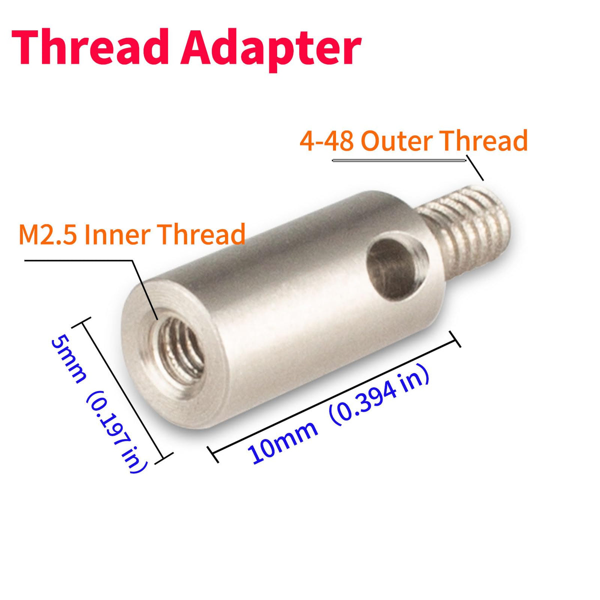 Thread Adapter 4-48 Outer Thread Shank to M2.5 Inner Thread for Dial Indicator Tips 5mm Diameter 10mm Long