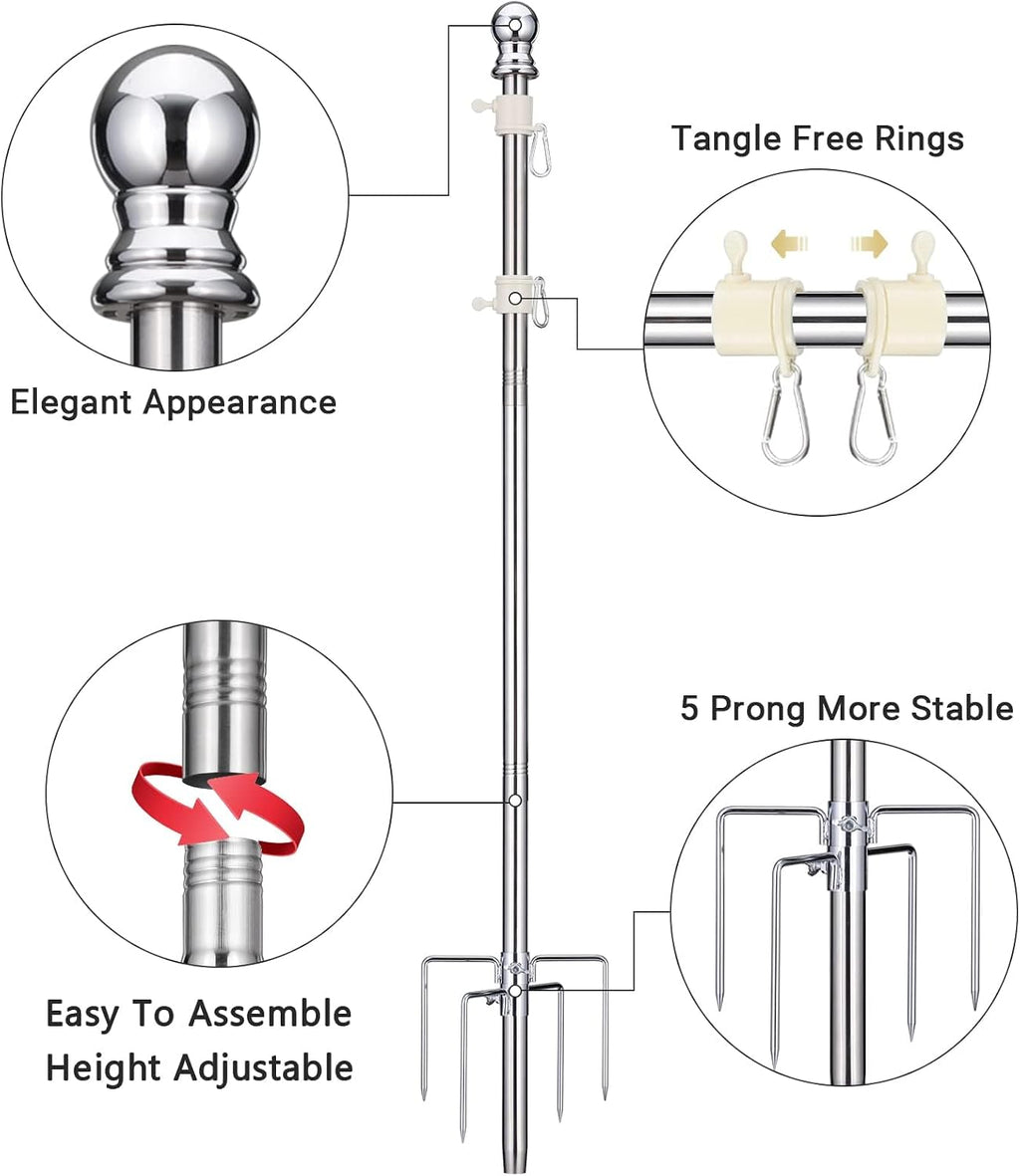 Flag Pole for Outside House in Ground - 9 ft Adjustable,5 Pronges Stake Base - Heavy Duty Inground Flag Pole Kit for