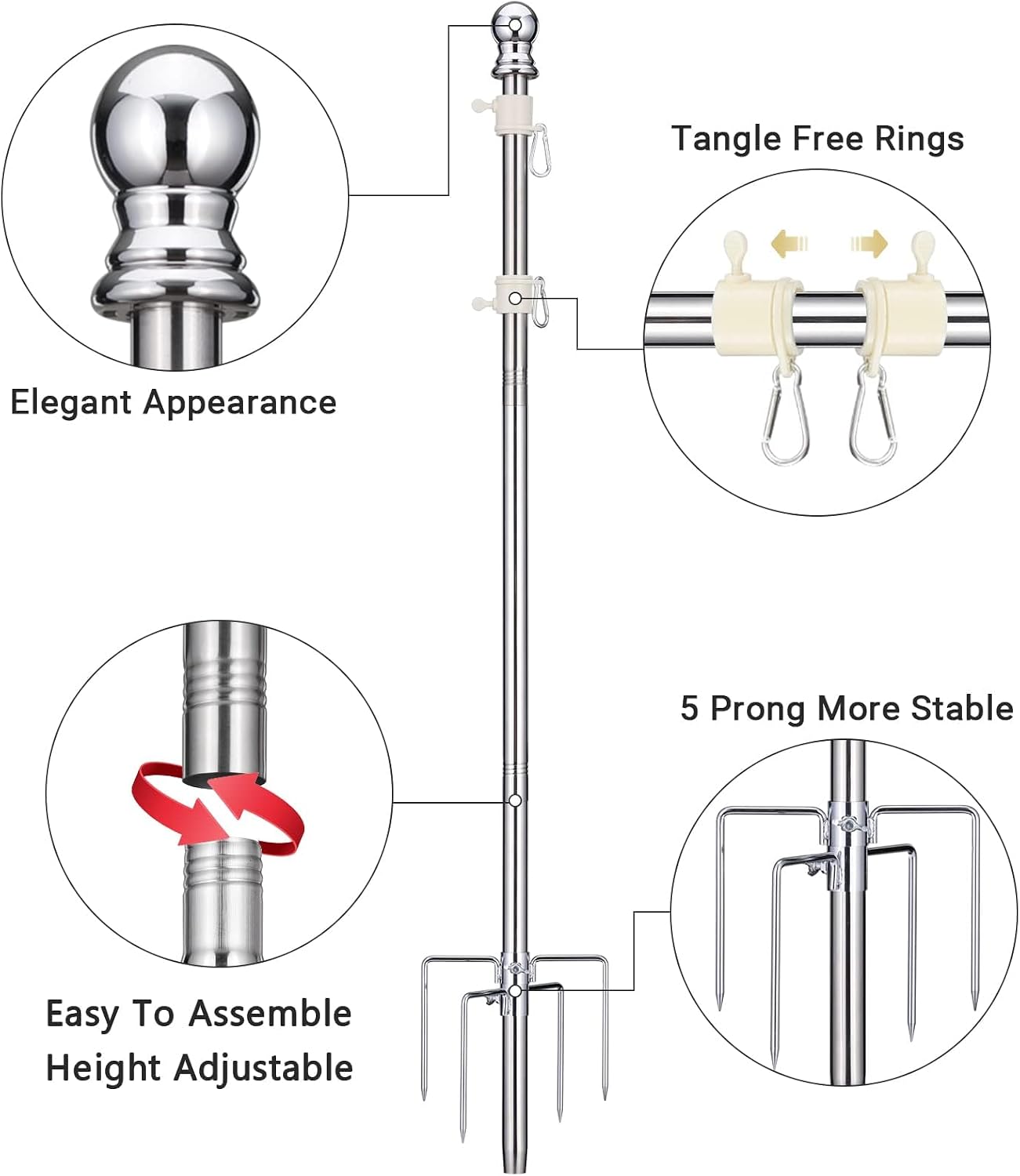Flag Pole for Outside House in Ground - 9 ft Adjustable,5 Pronges Stake Base - Heavy Duty Inground Flag Pole Kit for