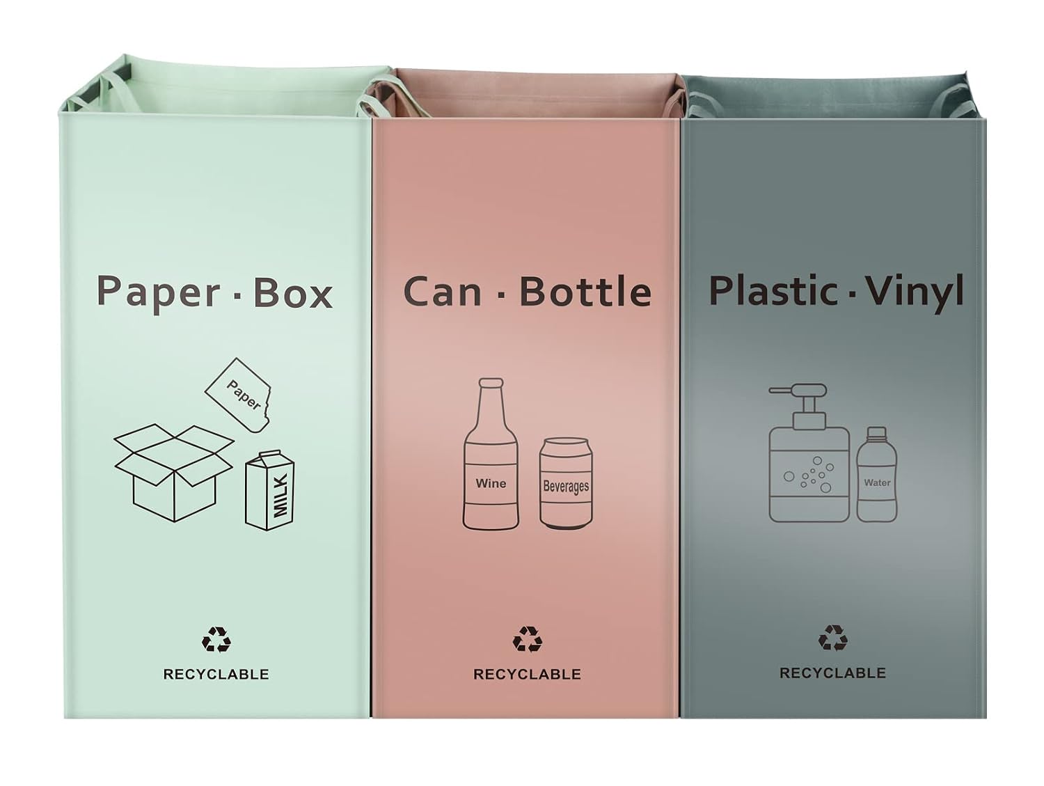 Separate Recycling Bin for Kitchen Home - Indoor Recycle Bins (Pink, Green, Gray) Waste Trash Sorting Bins, Reusable