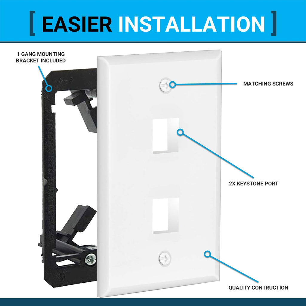 DIYTECH 2 Port Keystone Wall Plate, 10 Pack with Mounting Brackets - White