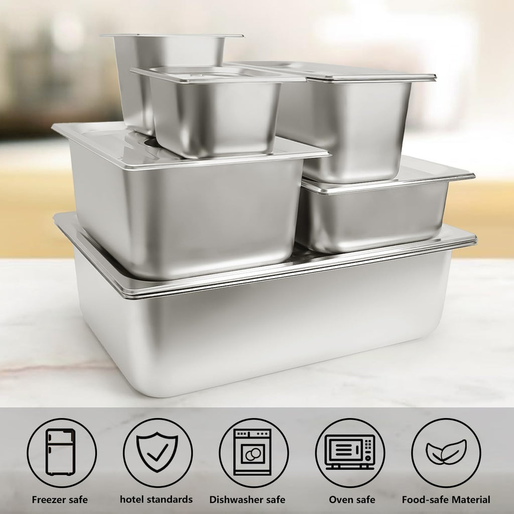6 Set Hotel Pans Full Size 2.5" Deep Stainless Steel Steam Table Pan w/Lids