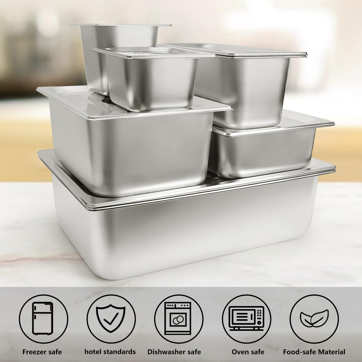 6 Set Hotel Pans Full Size 2.5" Deep Stainless Steel Steam Table Pan w/Lids