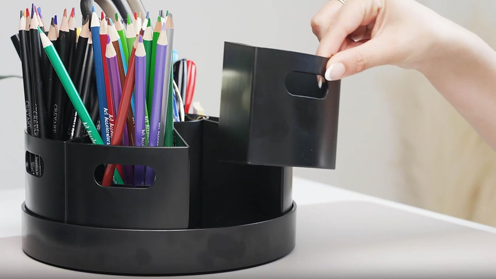 Black Rotating Desk Organizer with Dividers Lazy Susan Caddies for Home School Office Supplies, Pens, Markers and Art