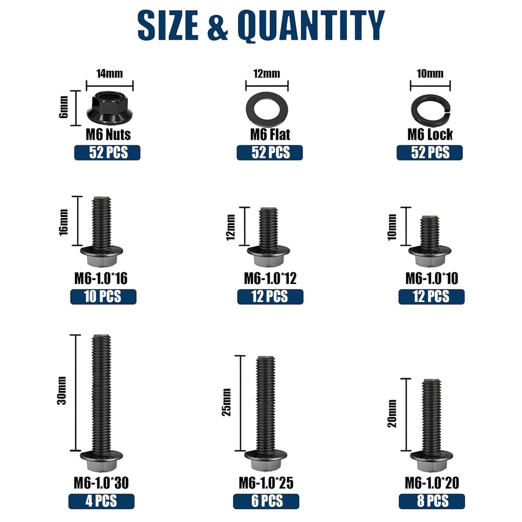 208PCS M6x1.0 Metric Flange Bolt Assortment Kit, 10.9 Black Zinc