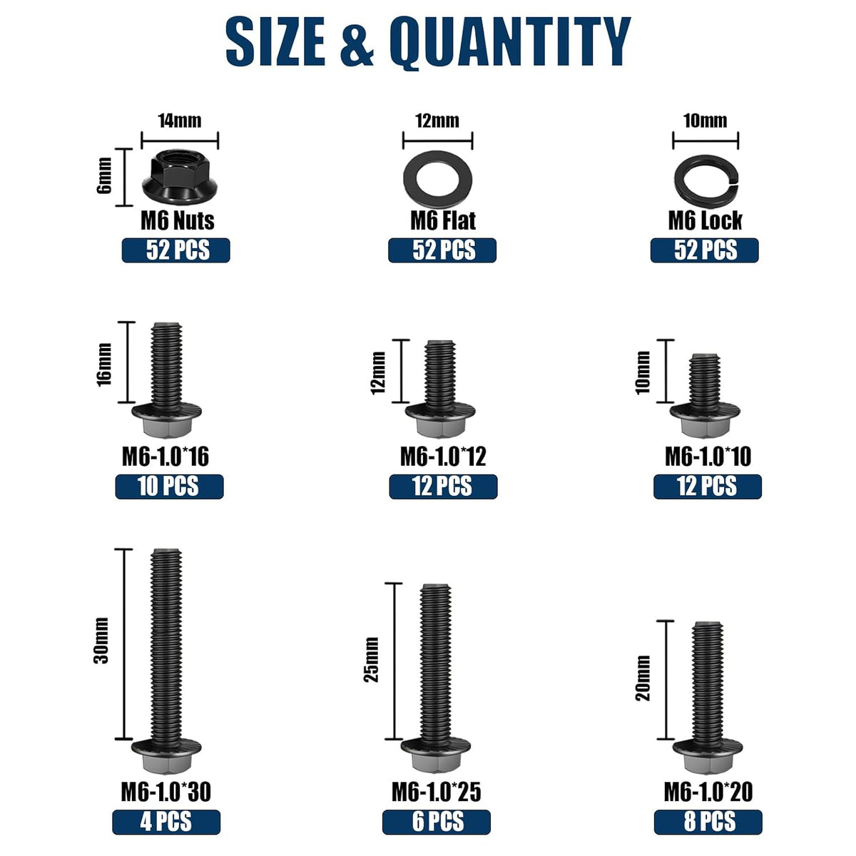208PCS M6x1.0 Metric Flange Bolt Assortment Kit, 10.9 Black Zinc