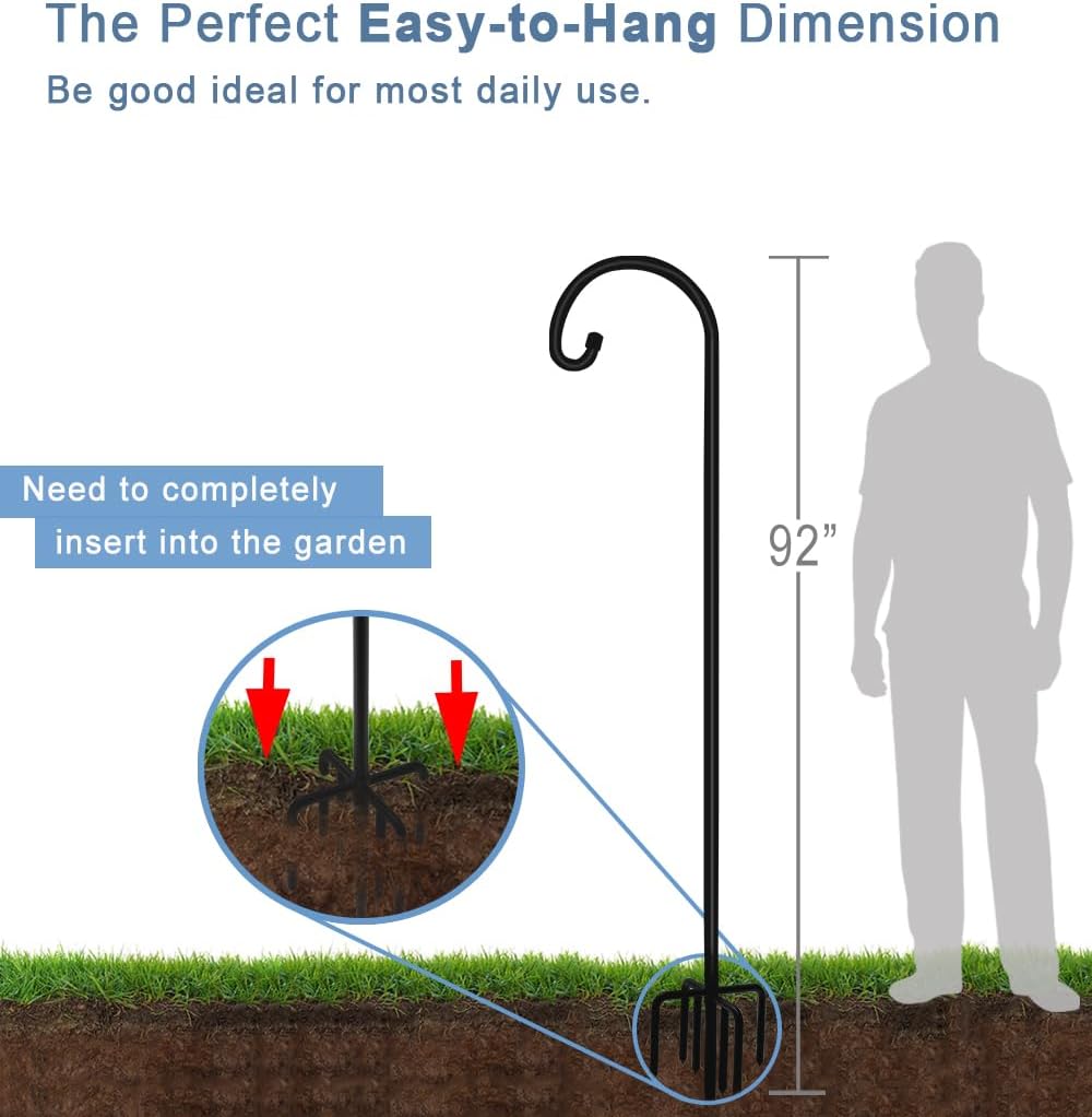 92 inch Outdoor Shepherd Hook with Upgraded 7 Prong Base (1 Pack), Adjustable Heavy Duty Garden Hanging Stake for