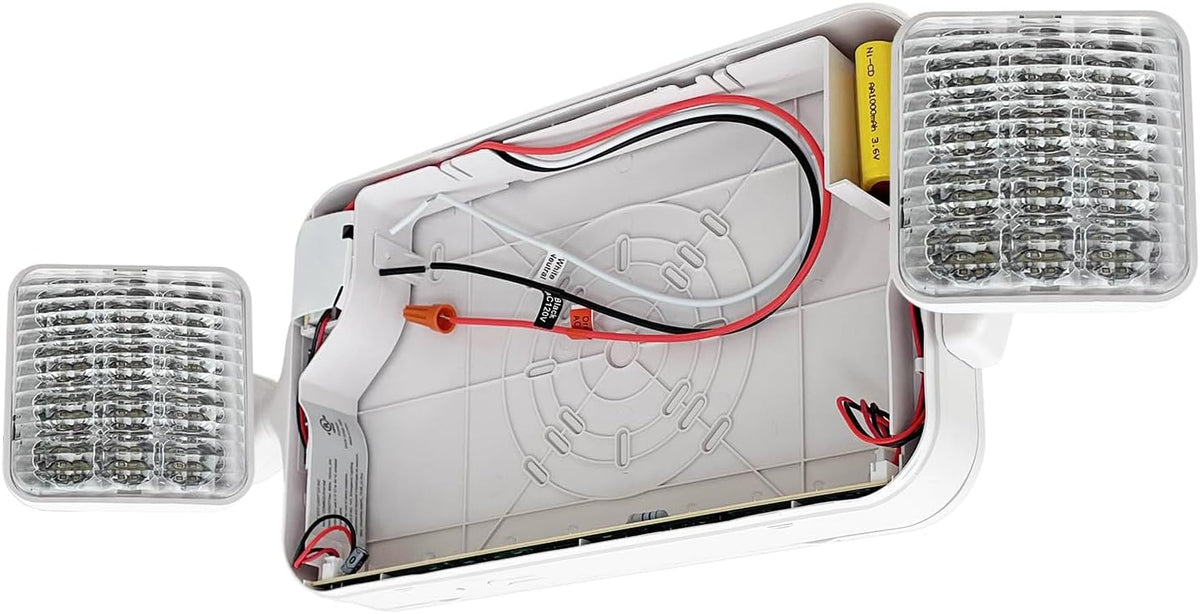 LFI Lights Standard COMBO UL 924 Listed, Exit Sign with Emergency Lights, Red LED, White, 120/277VAC Hardwired with Battery Backup, Optional Double Face and Knock Out Arrows, COMBO2RWBB