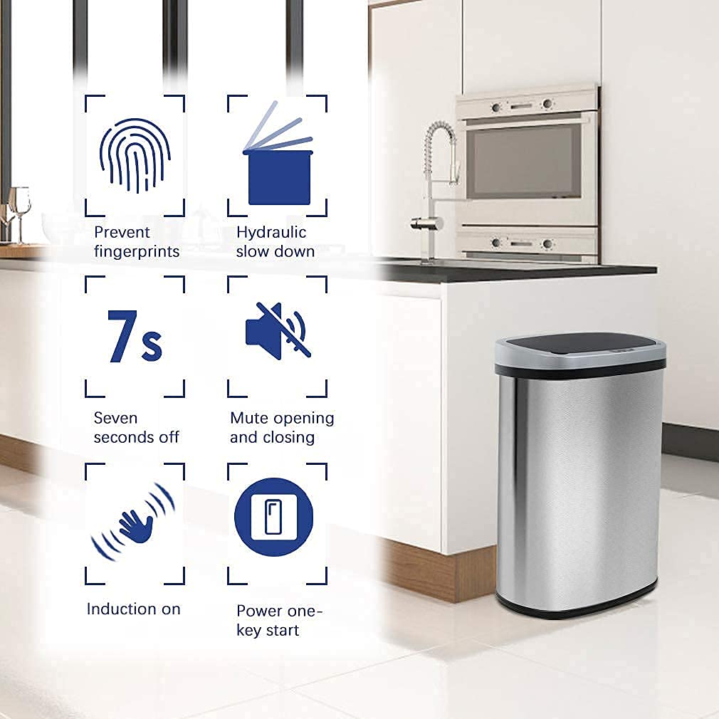 13 Gallon Kitchen Trash Can Stainless Steel Garbage Bin with Lid Automatic Touch Free High-Capacity Waste Bin Metal