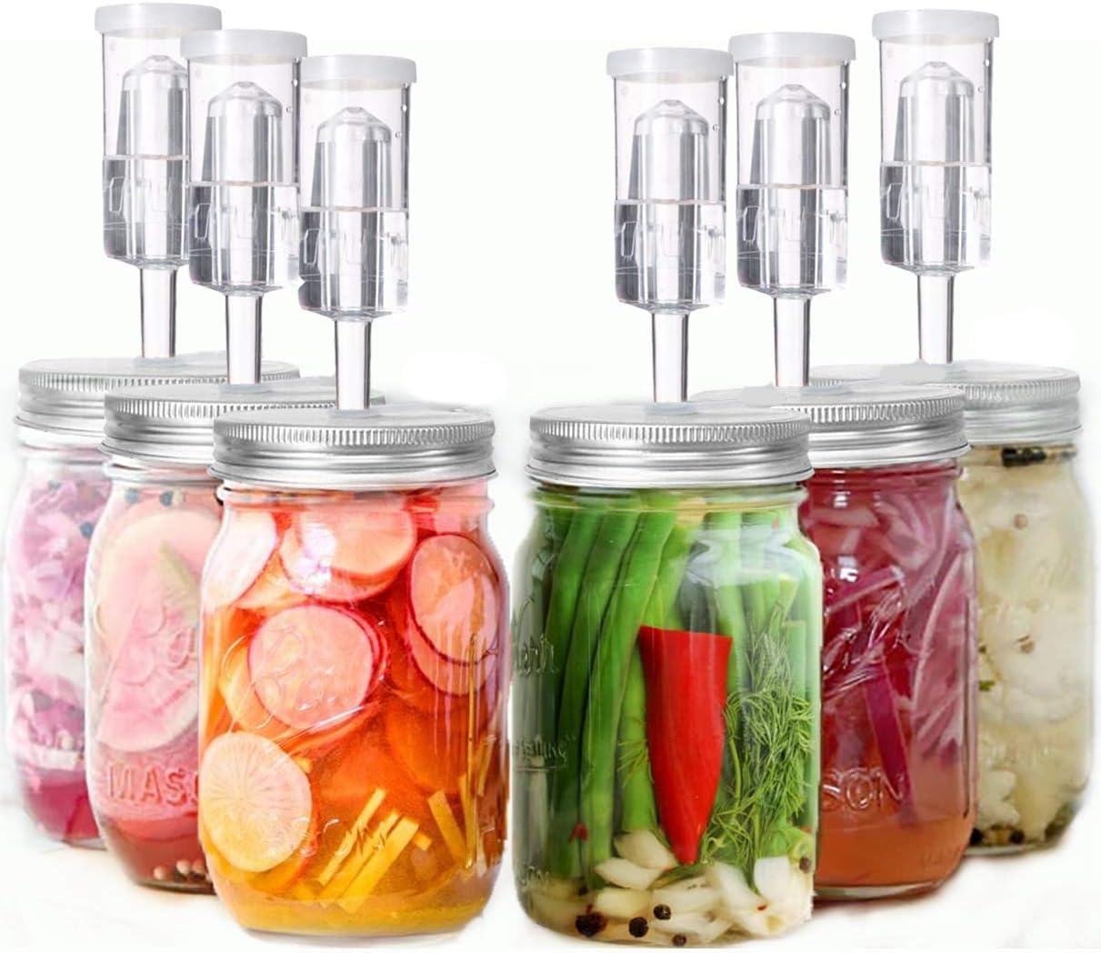 Fermentation Lids, 6 Set Fermentation Kit for Wide Mouth Jars, 6 Stainless Steel Fermenting Lids with 6 Silicone