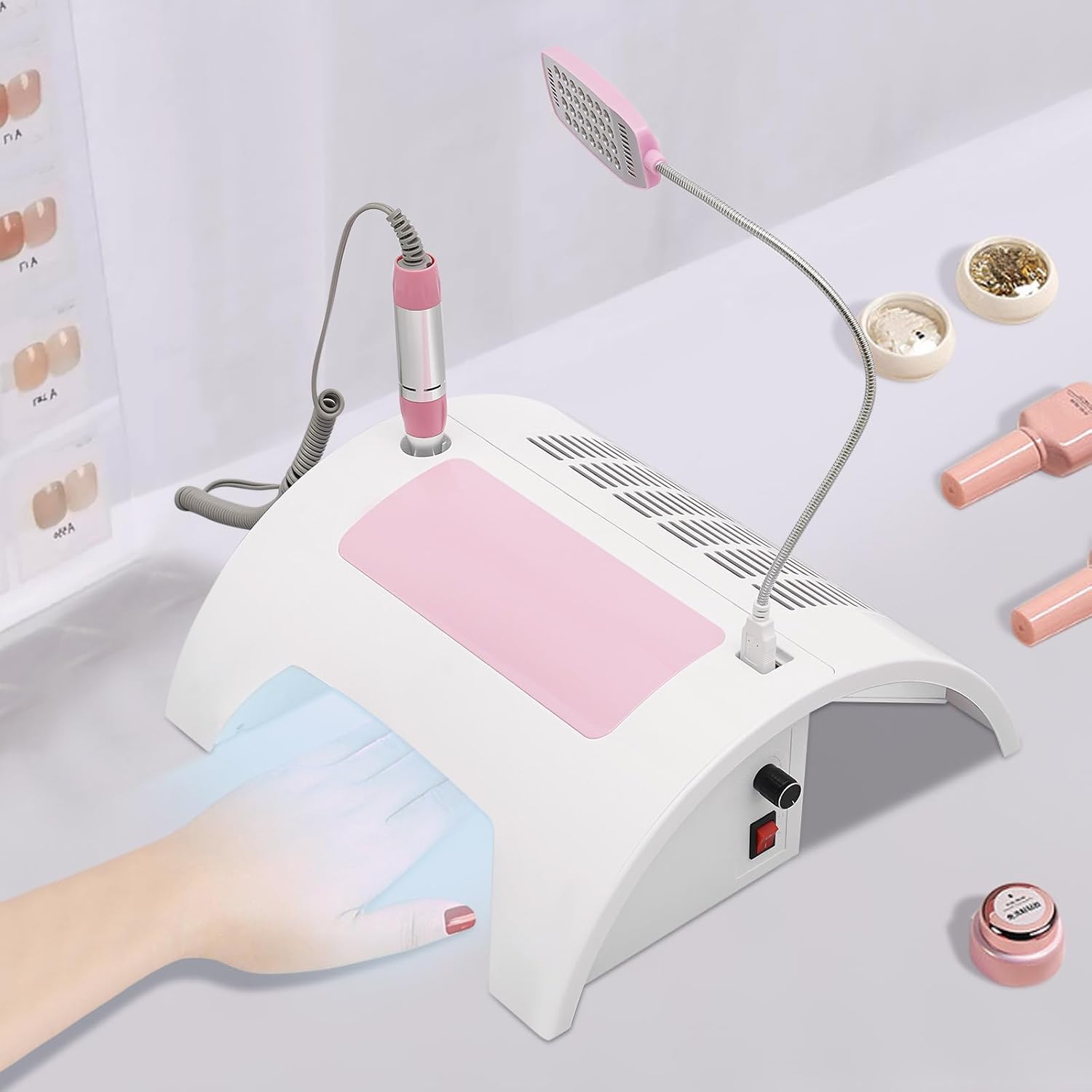 5-in-1 Nail Dust Collector, 60W UV LED Lamp Pink White Salon Home | 5-In-1 Multifunctional Nail Machine Combines Dust
