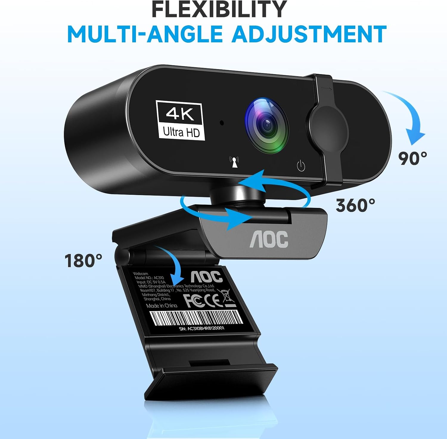 4k Webcam for PC with Microphone, Computer Camera with Noise Cancellation, Privacy Cover, 99° FOV, Plug & Play USB