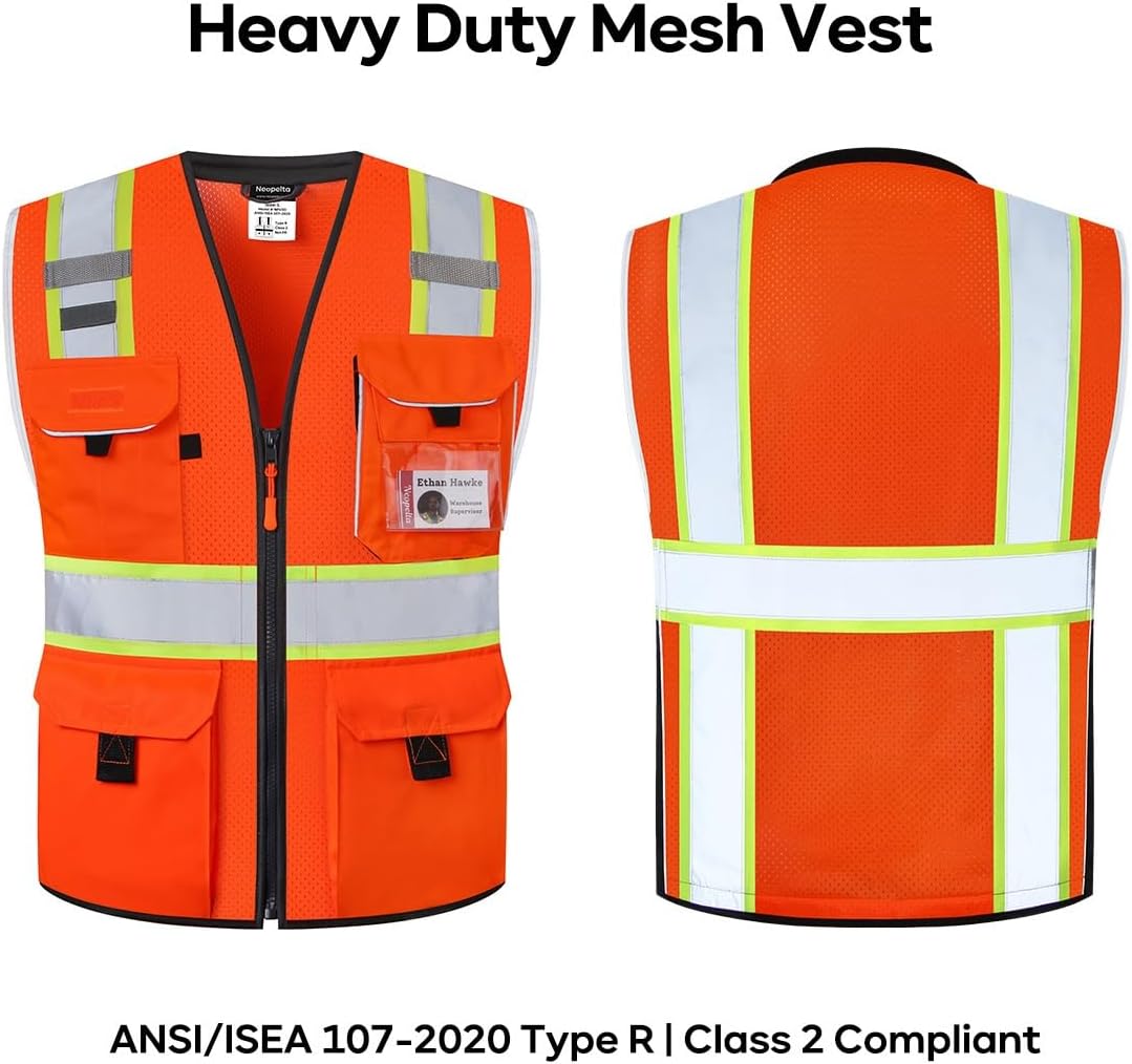 Heavy Duty ANSI Reflective Safety Vest with Pockets Orange Mesh XL | Made with 3M Reflective Tape, High Visibility