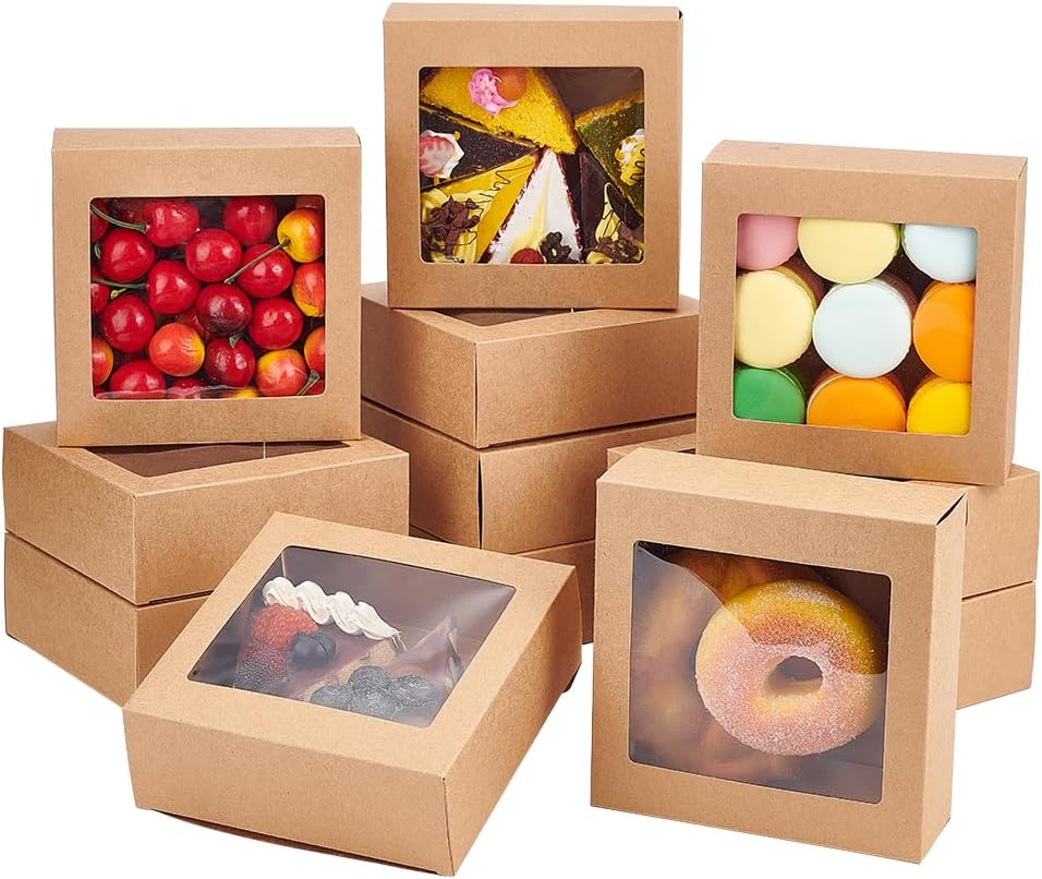 16Packs 5.5x5.5x2inch Clear PVC Square Window Gift Boxes, Brown Kraft Paper Present Boxes for Wedding Gift