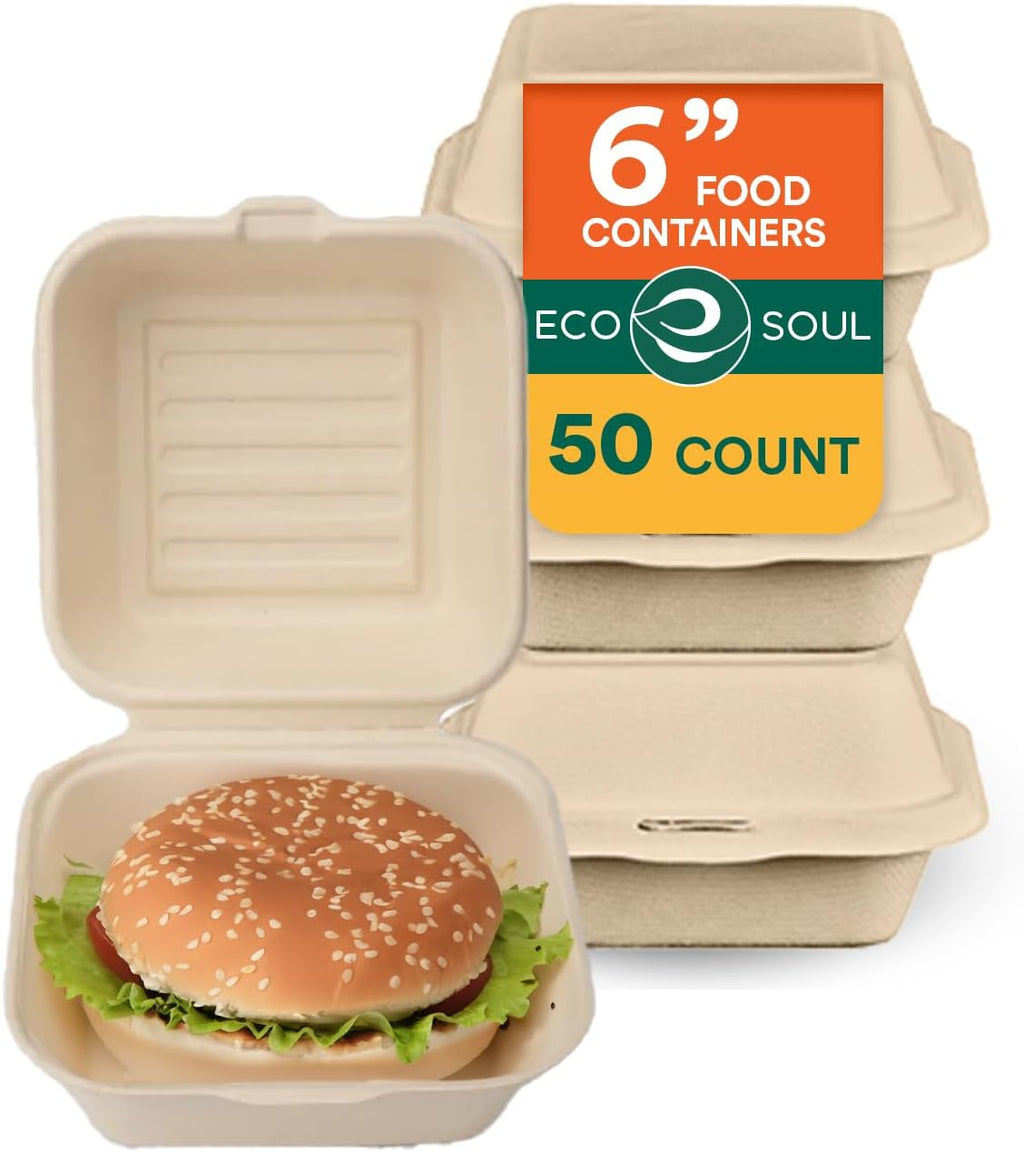 6x6 Compostable Clamshell Food Containers, (50 Pack)
