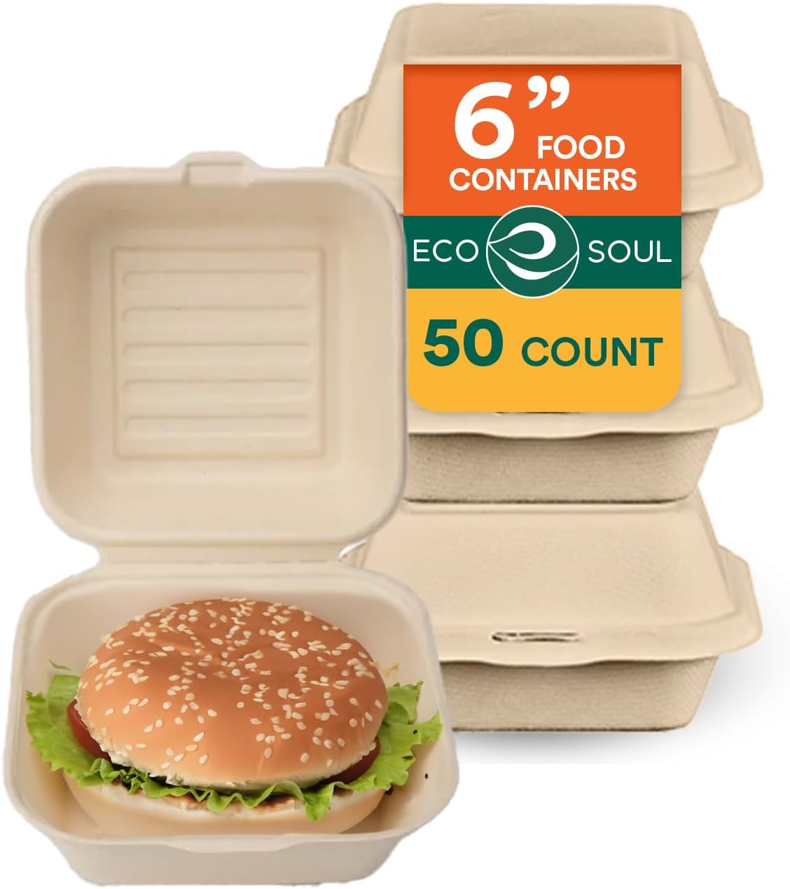 6x6 Compostable Clamshell Food Containers, (50 Pack)