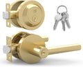 Ronn Entry Combo (1 Pack), Door Handle with Lock, Satin Brass | Satin Brass, Entry Combo Door Handle, Deadbolt Lock