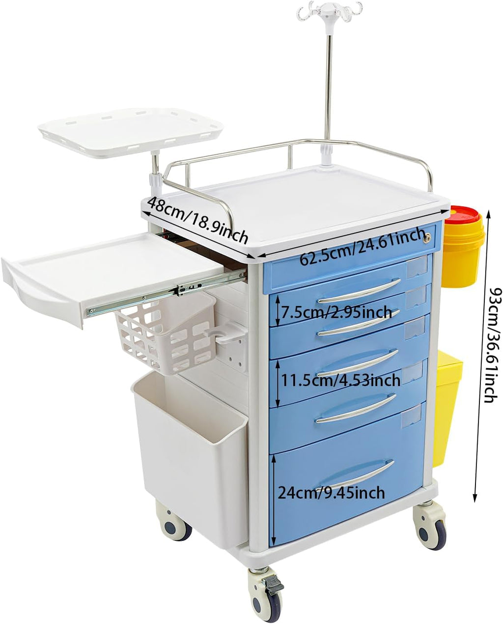 Medical Rolling Crash Cart with Accessories-CPR Board, 2 Trash Bin, Drawers with Dividers, Mobile Medical Cart for