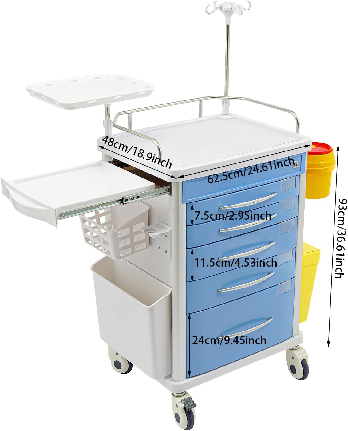 Medical Rolling Crash Cart with Accessories-CPR Board, 2 Trash Bin, Drawers with Dividers, Mobile Medical Cart for
