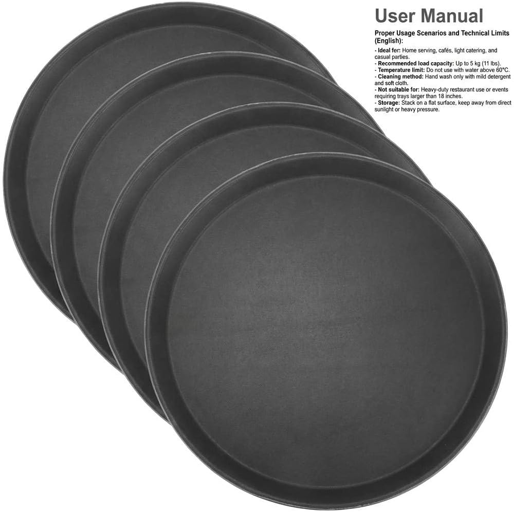14-Inch Round Non-Slip Serving Tray Set – 4Pack Rubber Surface Drink & Meal Carrier for Home, Café & Catering