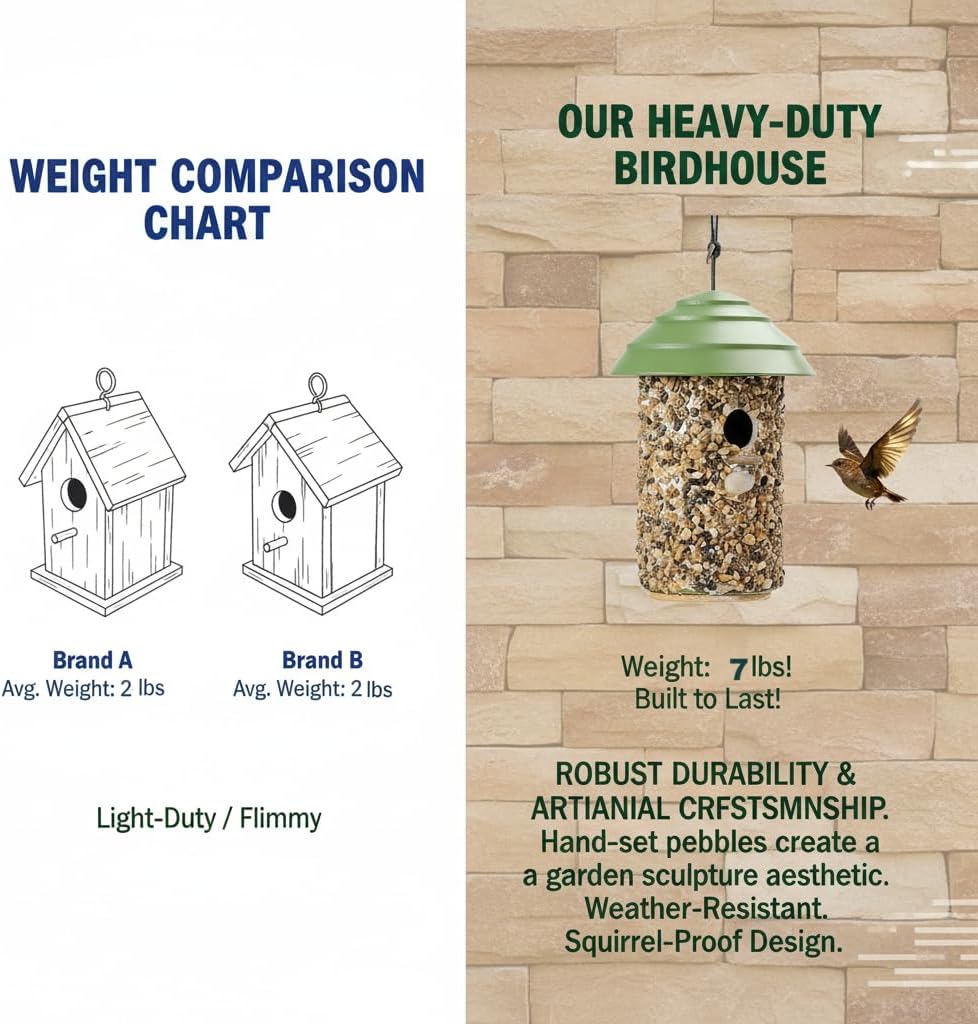 River Pebble Bird House for Outside - Composite Roof – Decorative Nesting Box for Bluebirds,Wrens, Finches, Chickee –