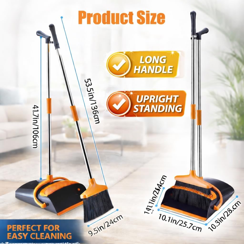 Broom and Dustpan Set with Long Handle, Upright Standing Self-Cleaning Combo, Windproof Dustpan with 6 Bonus Cleaning