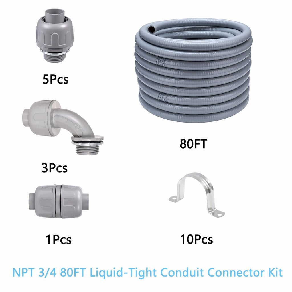 80FT 3/4" NPT PVC Liquid Tight Conduit Kit UL 5 Straight 3 Angle Connector