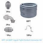 80FT 3/4" NPT PVC Liquid Tight Conduit Kit UL 5 Straight 3 Angle Connector