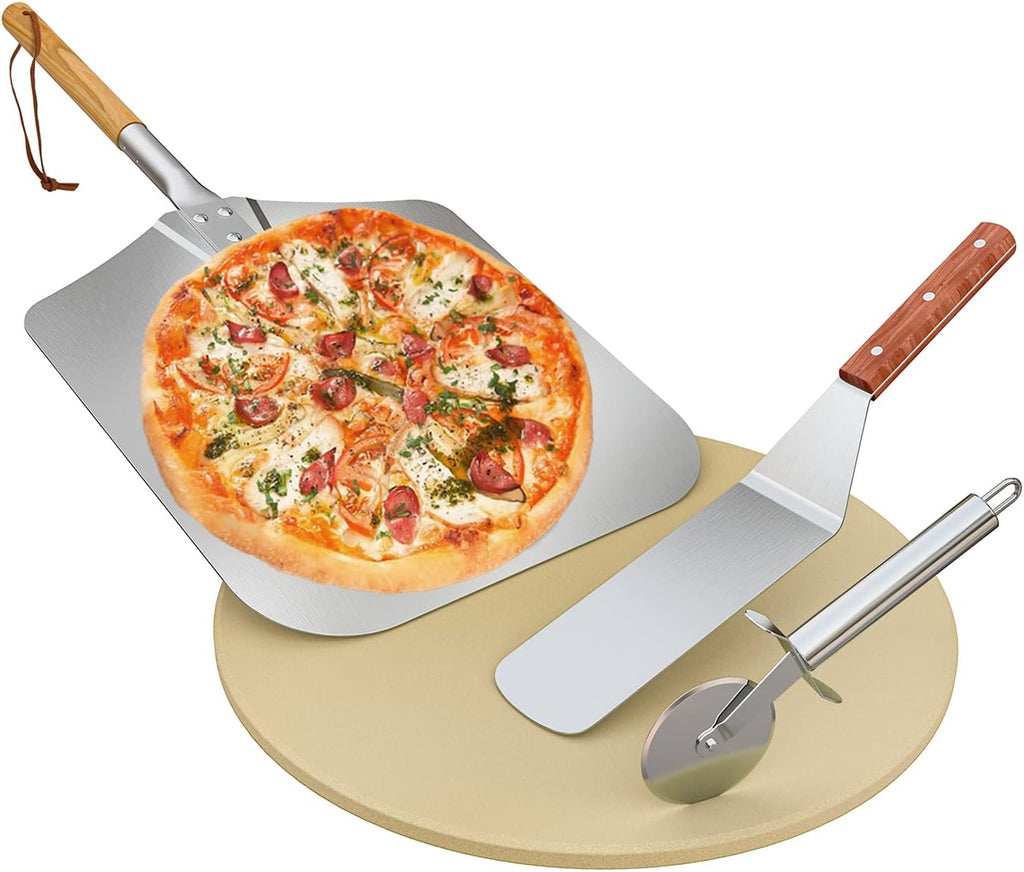 4 pcs Pizza Stone & Peel Set, Pizza Making Kit for Oven Grill BBQ