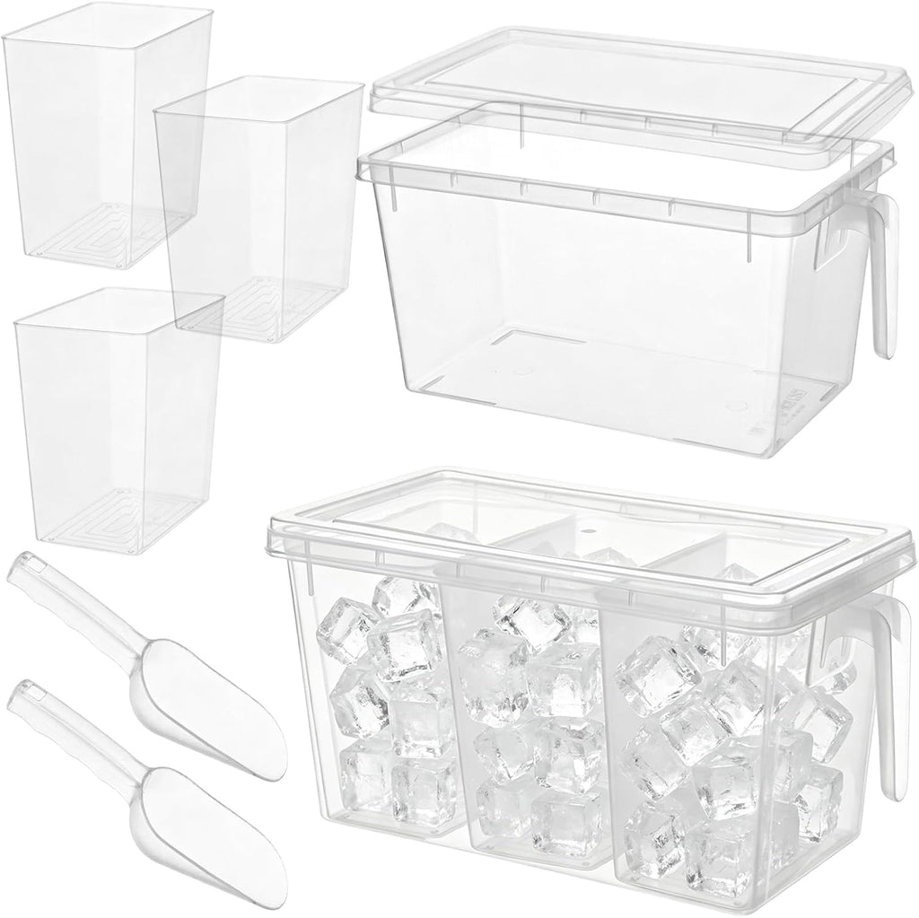 2 Set 3 Divided Ice Bin for Freezer with Lid and 2 Scoop Set Plastic Freezer Ice Bin with Pull-Out Handle Clear