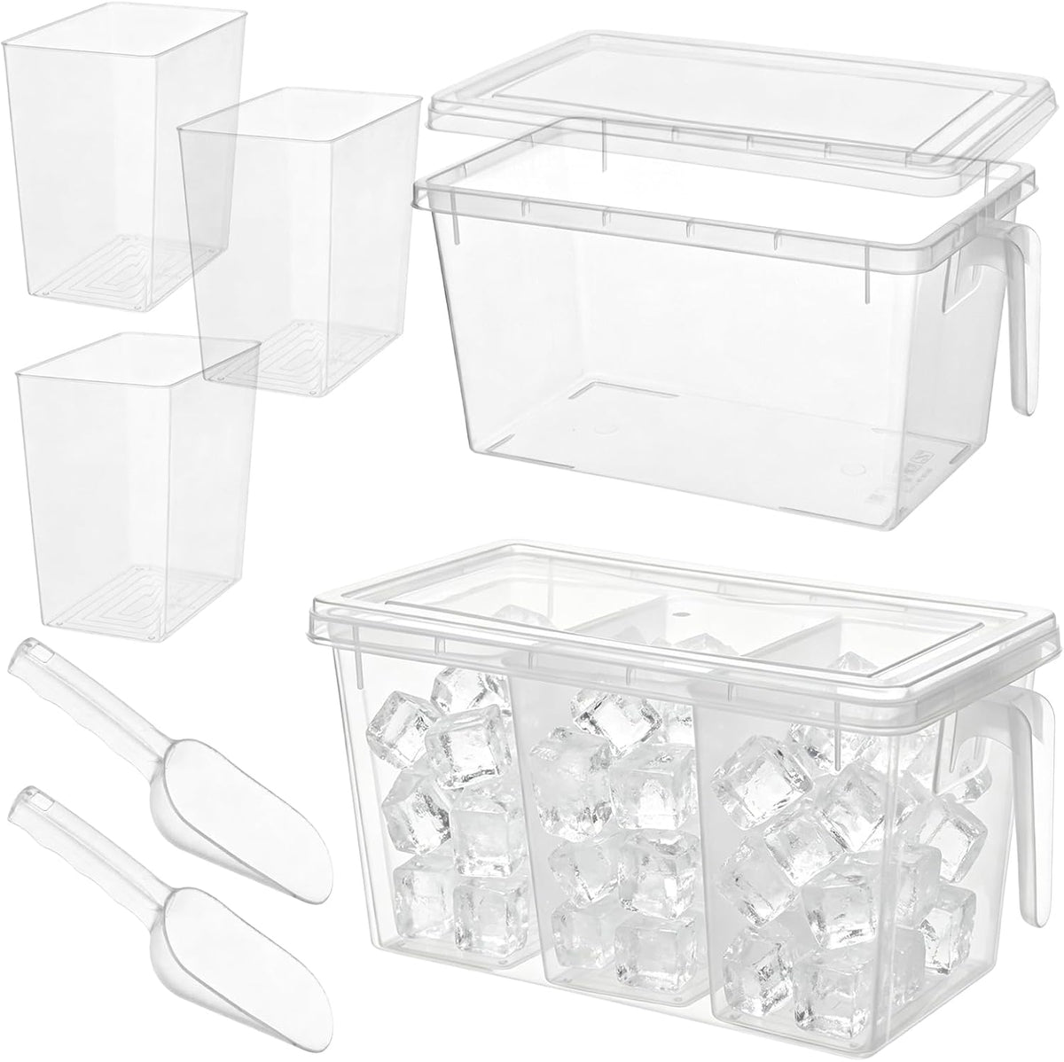 2 Set 3 Divided Ice Bin for Freezer with Lid and 2 Scoop Set Plastic Freezer Ice Bin with Pull-Out Handle Clear