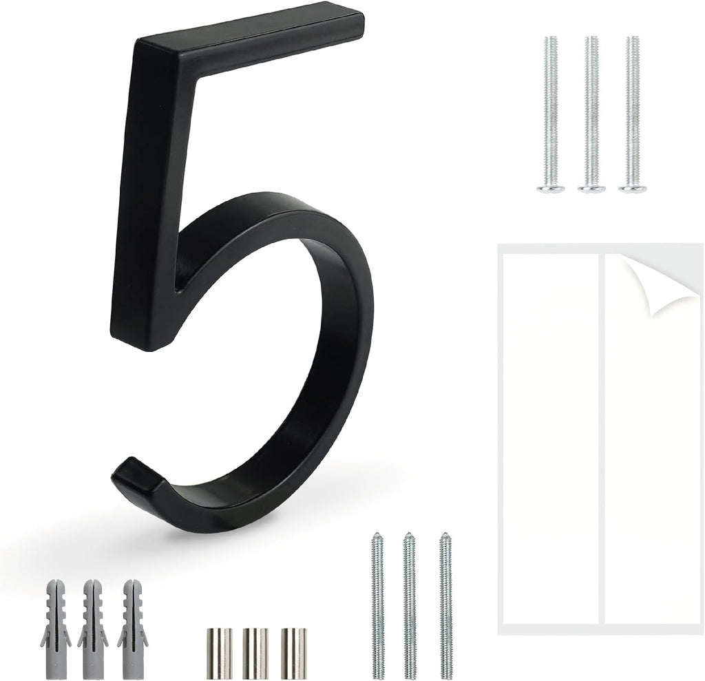 Floating House Number Sign: 5 inch Modern Door Signage - Striking for Street Home Address Numerals (5, Black)